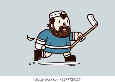 Doodle inspired Ice hockey player, cartoon sticker, sketch, vector, Illustration