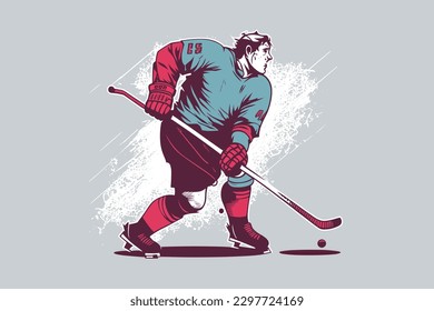 Doodle inspired Ice hockey player, cartoon sticker, sketch, vector, Illustration