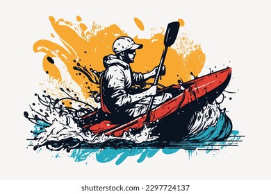 Doodle inspired Kayaker, cartoon sticker, sketch, vector, Illustration