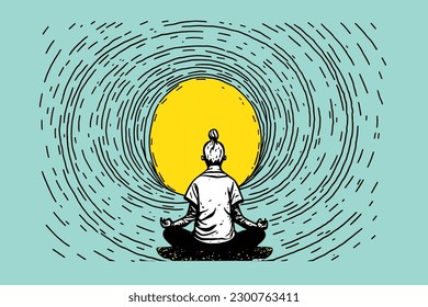 Doodle inspired Meditation, cartoon sticker, sketch, vector, Illustration