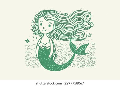 Doodle inspired Mermaid, cartoon sticker, sketch, vector, Illustration
