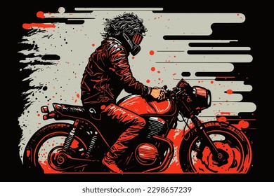 Doodle inspired Motorcyclist, cartoon sticker, sketch, vector, Illustration
