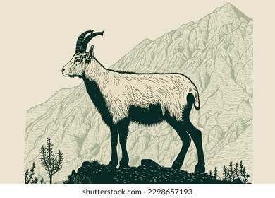 Doodle inspired Mountain goat, cartoon sticker, sketch, vector, Illustration