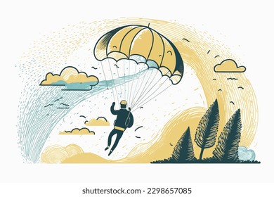 Doodle inspired Parasailer, cartoon sticker, sketch, vector, Illustration