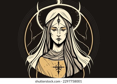 Doodle inspired Priestess, cartoon sticker, sketch, vector, Illustration