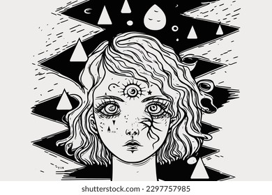 Doodle inspired Psychic, cartoon sticker, sketch, vector, Illustration