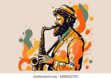 Doodle inspired Saxophonist, cartoon sticker, sketch, vector, Illustration