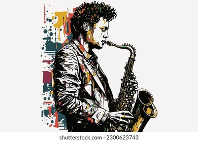 Doodle inspired Saxophonist, cartoon sticker, sketch, vector, Illustration