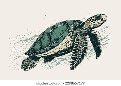 Doodle inspired Sea turtle, cartoon sticker, sketch, vector, Illustration