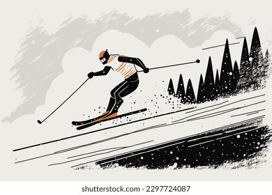 Doodle inspired Skier, cartoon sticker, sketch, vector, Illustration