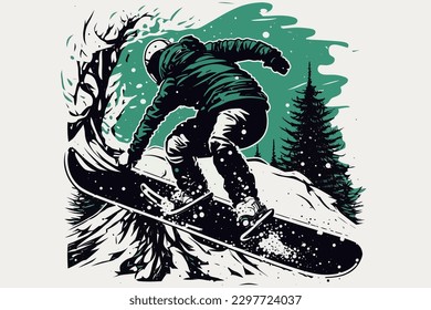 Doodle inspired Snowboarder, cartoon sticker, sketch, vector, Illustration