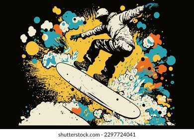 Snowboarder inspirado en Doodle, pegatina de dibujos animados, boceto, vector, ilustración