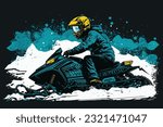 Doodle inspired snowmobiler, cartoon sticker, sketch, vector, Illustration