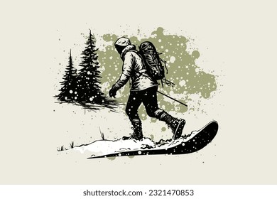 Doodle inspired snowshoer, cartoon sticker, sketch, vector, Illustration