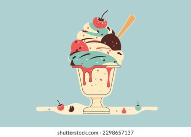 Doodle inspired Sundae, cartoon sticker, sketch, vector, Illustration