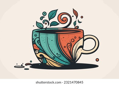 Doodle inspired Tea cup, cartoon sticker, sketch, vector, Illustration