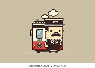 Doodle inspired Train conductor, cartoon sticker, sketch, vector, Illustration