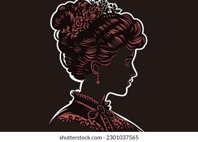 Doodle inspired Victorian lady, cartoon sticker, sketch, vector, Illustration