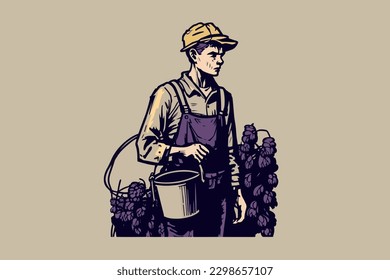 Doodle inspired Vineyard worker, cartoon sticker, sketch, vector, Illustration