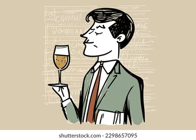 Doodle inspired Wine critic, cartoon sticker, sketch, vector, Illustration