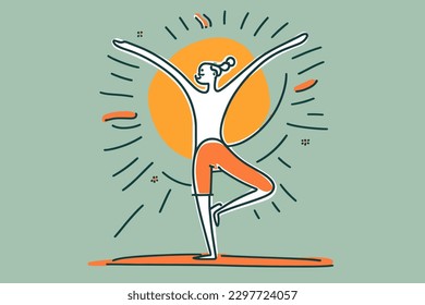 Instructor de Yoga inspirado en Doodle, pegatina de dibujos animados, boceto, vector, ilustración