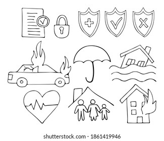 Colección de iconos de seguros de garabatos en vector. Colección de iconos de seguros dibujados a mano en vector. Juego de ilustraciones de seguros de Doodle