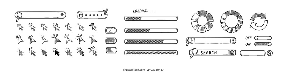 Elementos de diseño de la interfaz Doodle. Haga clic en la colección de iconos. Barras de carga de esbozo, cuadros de búsqueda, interruptor de apagado, ventana de contraseña, nivel de cargador de batería