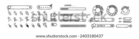 Doodle interface design elements. Click icons collection. Sketch loading bars, search boxes, on off switch, password window, battery charger level