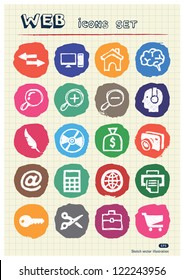 Doodle Internet and finance icons set drawn by chalk. Hand drawn vector elements pack isolated on paper