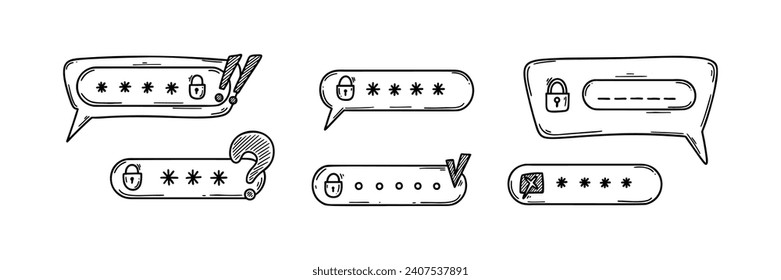 Concepto de seguridad de internet Doodle. Verificación del usuario, inicio de sesión, cierre de sesión. Olvidó la ilustración vectorial de esbozo de contraseña. Interfaz de usuario de aplicación móvil y pc