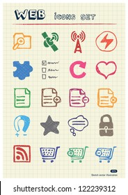 Doodle Internet web icons set drawn by color pencils. Hand drawn vector elements pack isolated on paper