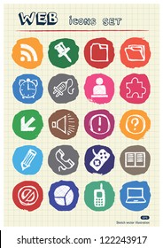 Doodle Internet web icons set drawn by chalk. Hand drawn vector elements pack isolated on paper