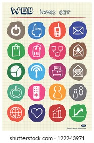 Doodle Internet web icons set drawn by chalk. Hand drawn vector elements pack isolated on paper