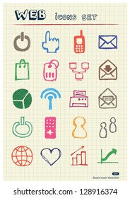Doodle Internet web icons set drawn by color pencils. Hand drawn vector elements pack isolated on paper