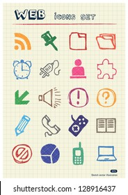 Doodle Internet web icons set drawn by color pencils. Hand drawn vector elements pack isolated on paper