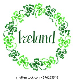 Doodle Ireland green clover shamrock circle wreath lettering vector line art isolated