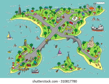 Doodle islands map. Top view of the islands. Isolated.