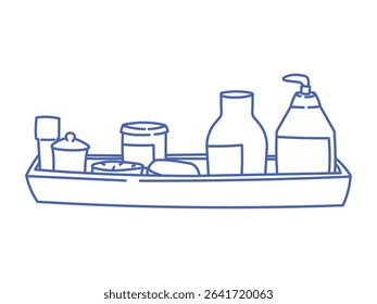 Doodle isolated bathroom tray with beauty products and skincare jars. Hand-drawn blue outline vector illustration for hygiene, organization, and self-care decor and design.
