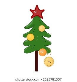 Doodle isolated Christmas tree green Vector New Year fir tree, Balls, star, clock, chimes.