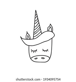 Doodle isolated picture of unicorn sleeping. Pony, childhood, coloring book, magical creature, baby animal. Simple design element for typography and digital use.