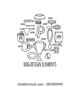 Doodle isolated set of dog items elements. Pet icons walking, feeding, grooming salon equipment vector illustration