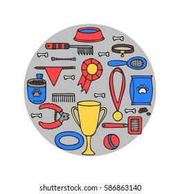 Doodle isolated set of dog items elements. Pet icons walking, feeding, grooming salon equipment