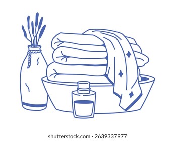 Doodle isolated vector illustration of bathroom still life. Basket with towels, a vase with dried flowers, and a jar. Blue outline composition for cozy home interior and hygiene themes.