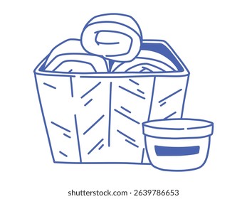 Doodle isolated vector illustration of a wicker basket with rolled towels and a jar of cream. Blue outline drawing for bathroom, hygiene, spa, and home care design or decor projects.