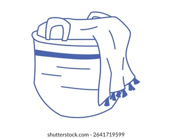Doodle isolated vector of wicker basket with blue towel inside. Hand-drawn outline design for home textile, laundry, or interior organization concepts.