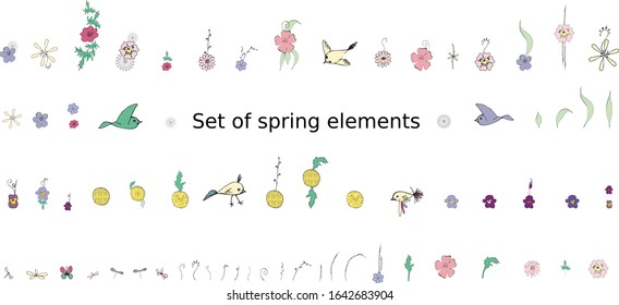 doodle item set of flowers, birds and insects