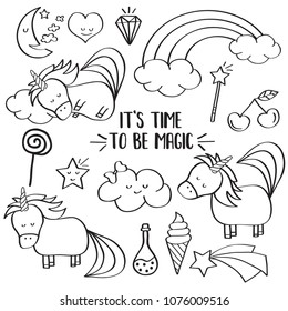 Doodle items collection with unicorns and other fantasy magical elements. For coloring. Vector