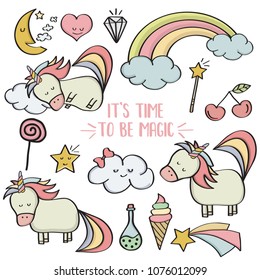 Doodle items collection with unicorns and other fantasy magical elements. Vector