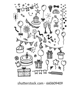 Doodle items and things for birthday. Hand-drawn things for party. Vector illustration