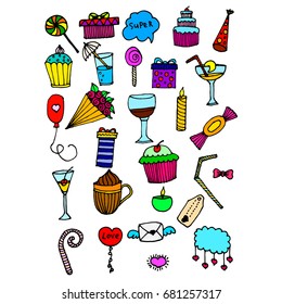 Doodle items and things for birthday. Hand-drawn things for party. Vector illustration